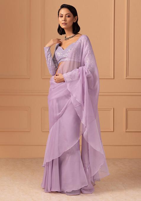 Lilac Organza Ruffled Pre-Stitched Saree Set With Sequin Embroidered Blouse