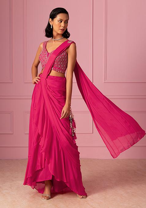 Hot Pink Pre-Stitched Saree Set With Mirror Grid Embroidered Blouse