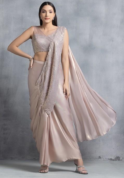 Mauve Metallic Pre-Stitched Saree Set With Embroidered Blouse