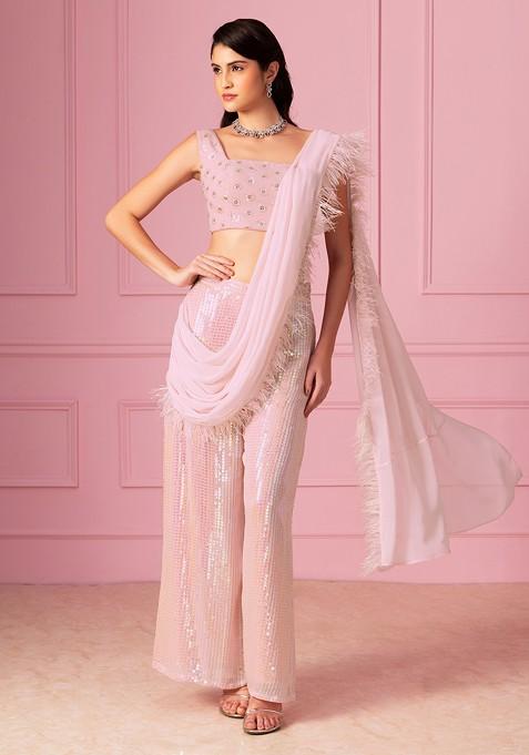 Pastel Pink Unicorn Sequin Embroidered Sharara Set With Blouse And Attached Drape