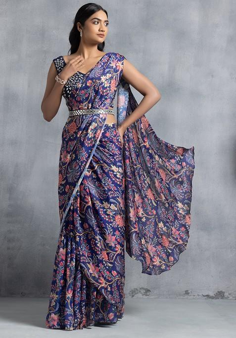 Blue Floral Print Pre-Stitched Saree Set With Blouse And Belt