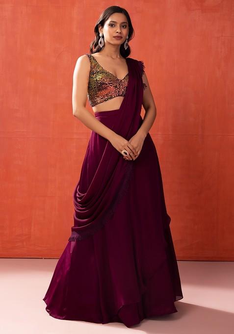 Wine Pre-Stitched Saree Set With Sequin Embroidered Blouse