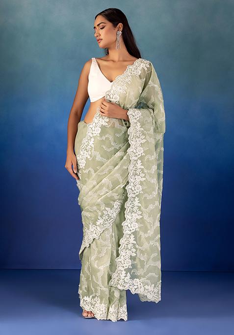Green Floral Thread And Stone Embroidered Saree With Blouse