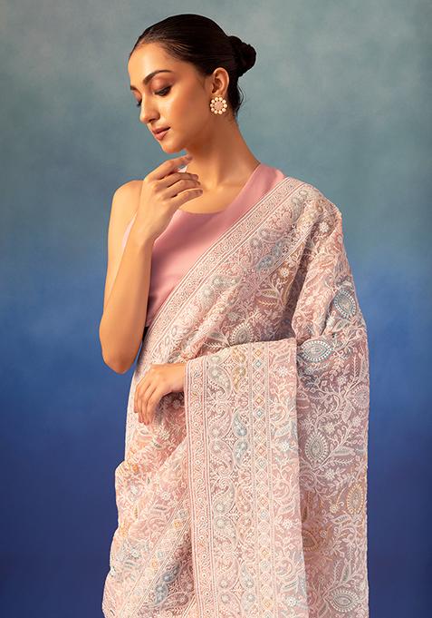 Pastel Pink Floral Thread And Zari Embroidered Saree Set With Embroidered Blouse