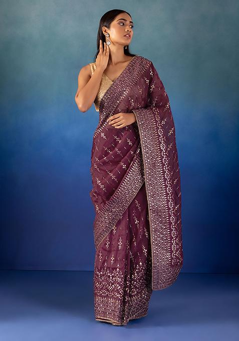 Dark Purple Sequin And Gota Embroidered Saree With Blouse