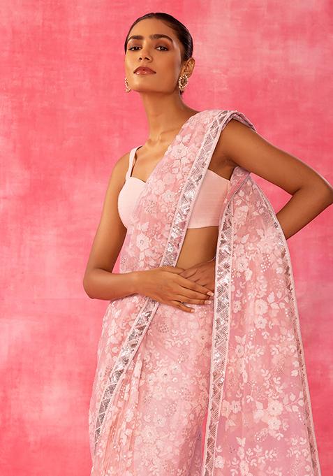 Pastel Pink Floral Sequin And Thread Embroidered Saree With Blouse