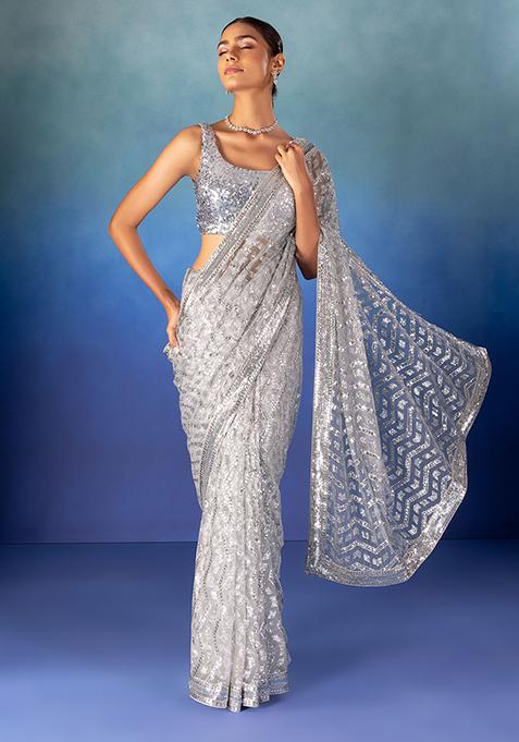 Grey Tonal Sequin Embroidered Saree With Blouse