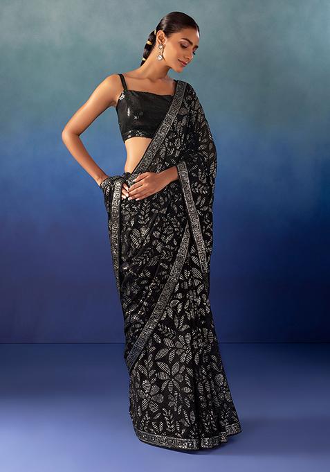 Black Tonal Floral Sequin Embroidered Saree With Blouse