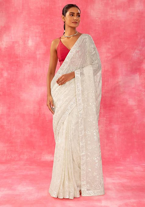 Off White Tonal Floral Sequin Embroidered Saree With Blouse