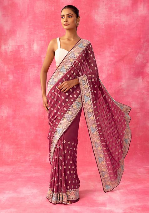 Dark Pink Thread And Mirror Embroidered Saree With Blouse