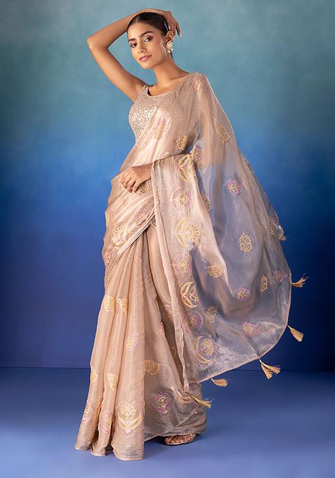 Champagne Stone Embellished Shimmer Organza Saree With Blouse
