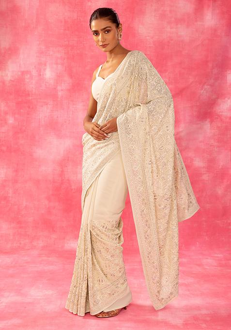 Off White Tonal Sequin Thread Embroidered Saree With Blouse
