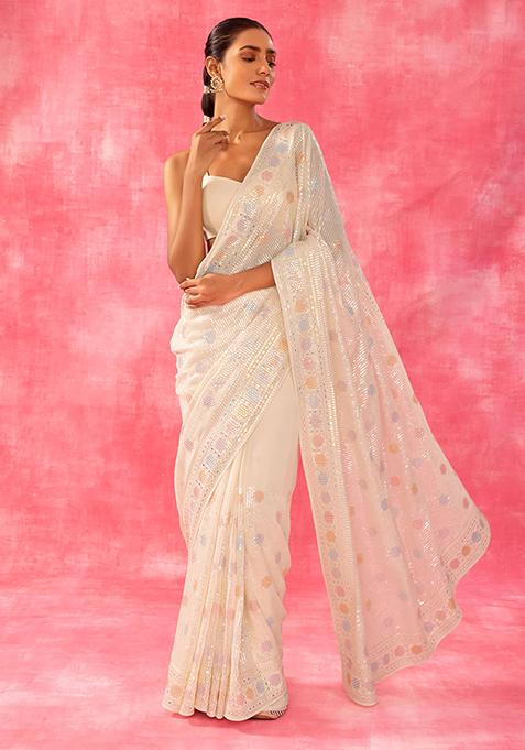 Off White Sequin Thread Embroidered Saree With Blouse