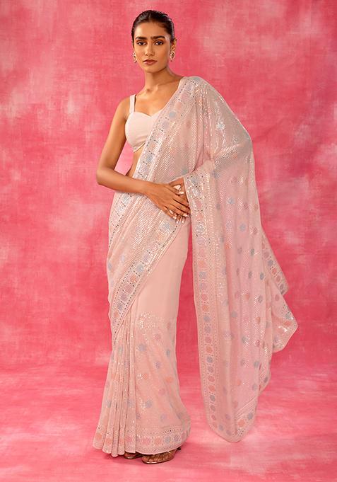 Peach Sequin Thread Embroidered Saree With Blouse