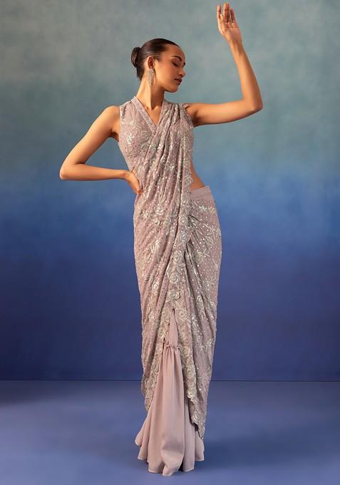 Blush Pink Sequin Floral Embroidered Pre-Stitched Saree Set With Blouse