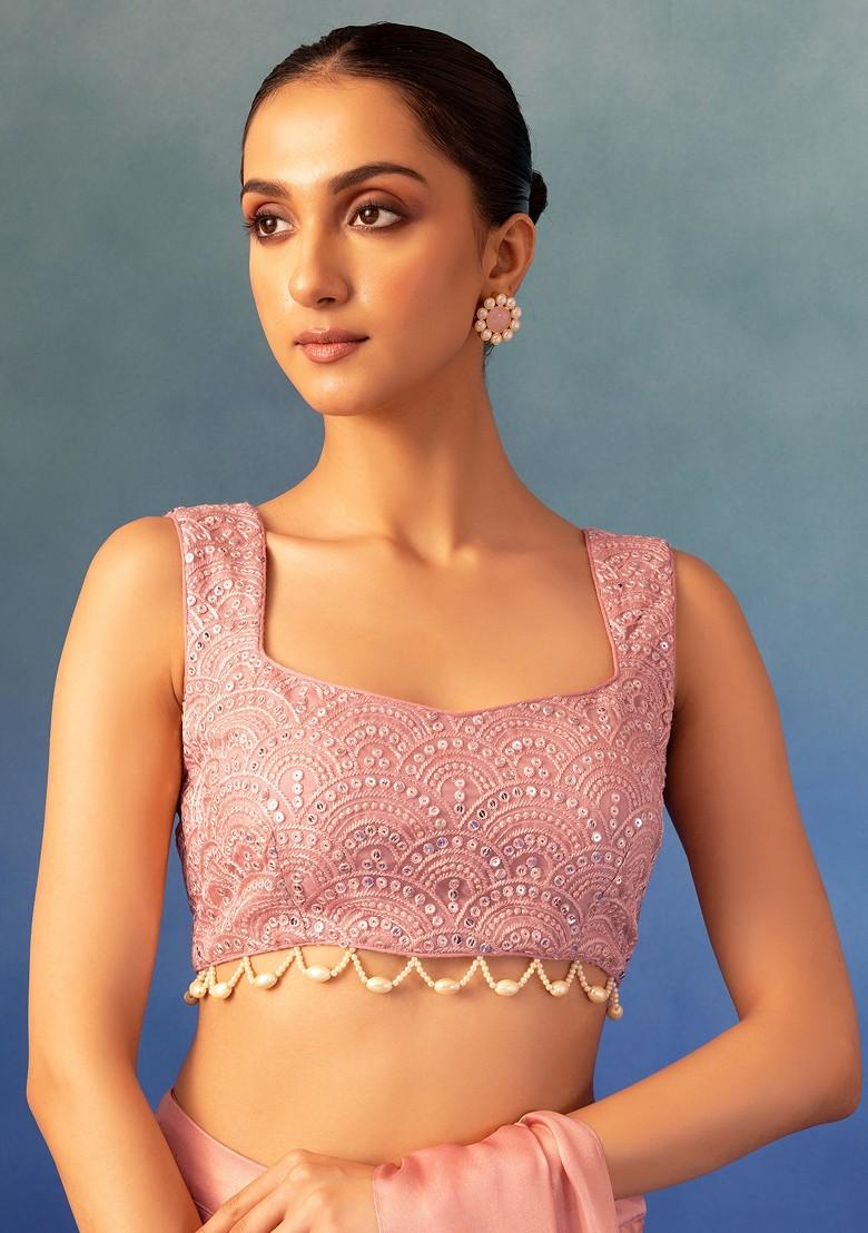 Pastel Pink Ruffles Pre-Draped Lycra Saree with Frills and Crystal Embellished Blouse
