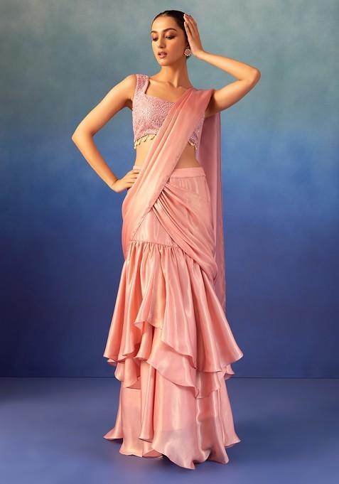 Pastel Pink Satin Ruffled Pre-Stitched Saree Set With Embroidered Blouse
