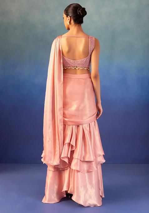 Ruffled Pre-Draped Pastel Pink Tulle Sequin Embellished Saree with Stitched blouse main image 0