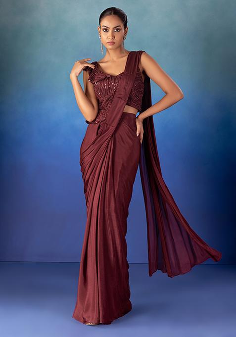 Maroon Pre-Stitched Saree Set With Sequin Bead Embroidered Blouse