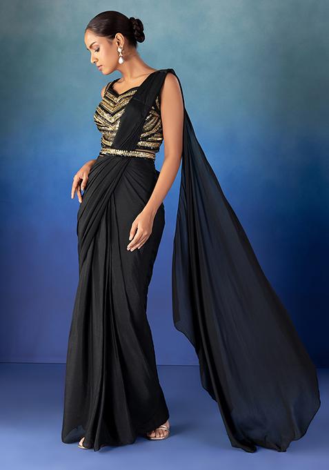 Buy Women Black Pre-Stitched Saree Set With Sequin Bead Embroidered ...
