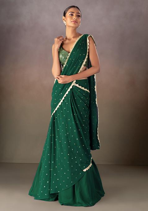 Deep Green Sequin Embroidered Pre-Stitched Saree Set With Embroidered Blouse
