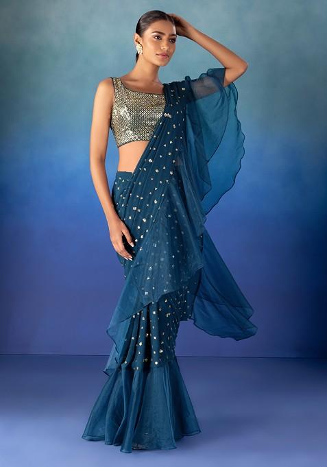 Teal Sequin Boota Embroidered Pre-Stitched Saree Set With Sequin Blouse