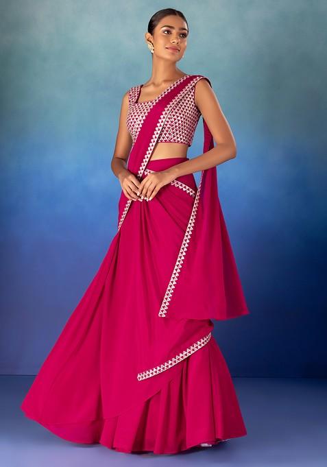 Hot Pink Pre-Stitched Saree Set With Mirror Embroidered Blouse