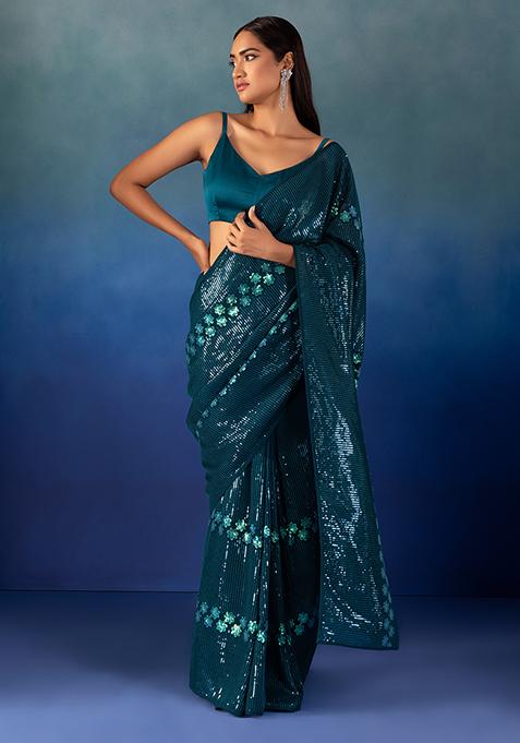 Teal Tonal Sequin And Thread Embroidered Saree With Blouse