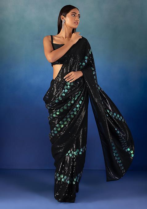 Black Tonal Sequin And Thread Embroidered Saree With Blouse
