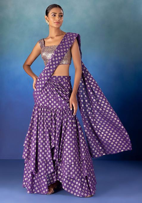 Purple Boota Foil Print Pre-Stitched Saree Set With Sequin Blouse