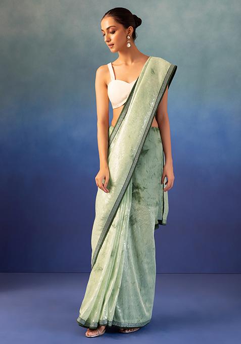 Seafoam Striped Sequin Embroidered Organza Saree With Blouse