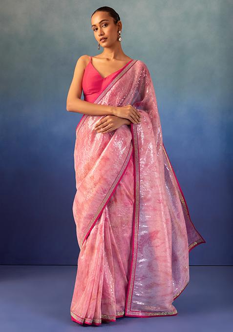 Light Pink Striped Sequin Embroidered Organza Saree With Blouse