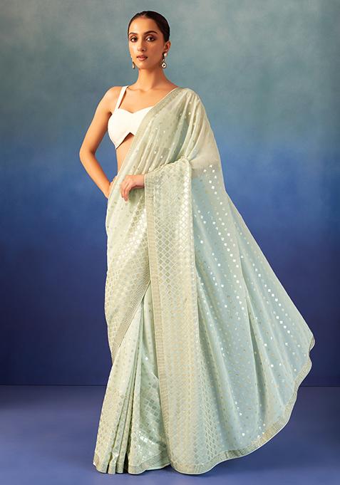 Seafoam Geometric Sequin Embroidered Saree With Blouse