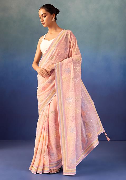 Pastel Pink Multicolour Sequin And Thread Embroidered Saree With Blouse