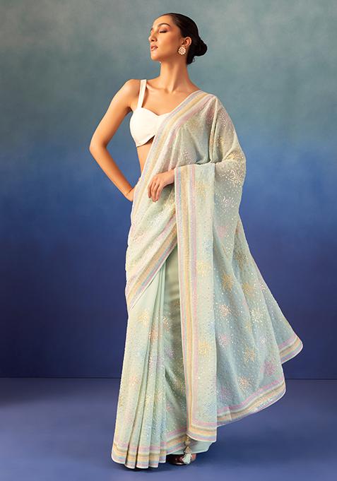 Seafoam Multicolour Sequin And Thread Embroidered Saree With Blouse