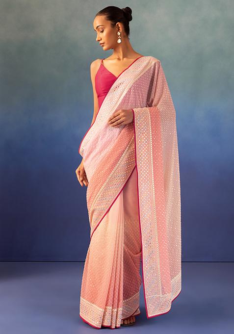 Pink Sequin And Thread Embroidered Saree With Hot Pink Blouse
