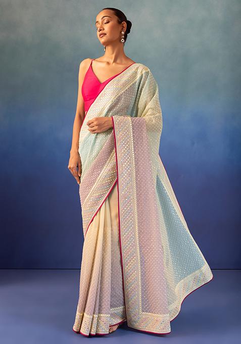 Powder Blue Sequin And Thread Embroidered Saree With Hot Pink Blouse