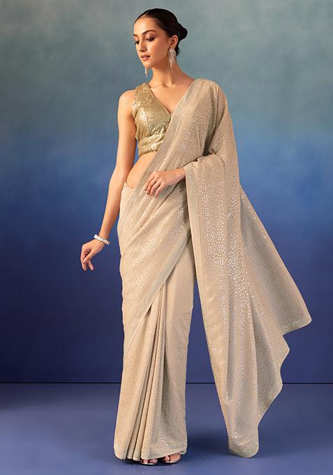 Beige Tonal Thread And Sequin Embroidered Saree With Blouse