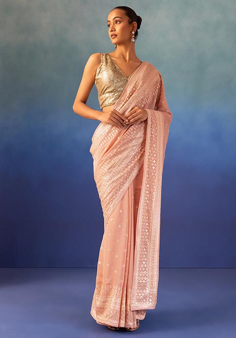 Peach Tonal Thread And Sequin Embroidered Saree With Blouse