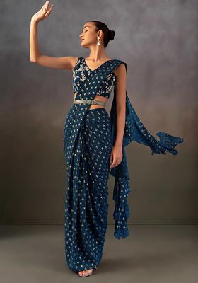 Teal Foil Print Pre-Stitched Saree Set With Sequin Embroidered Blouse And Belt