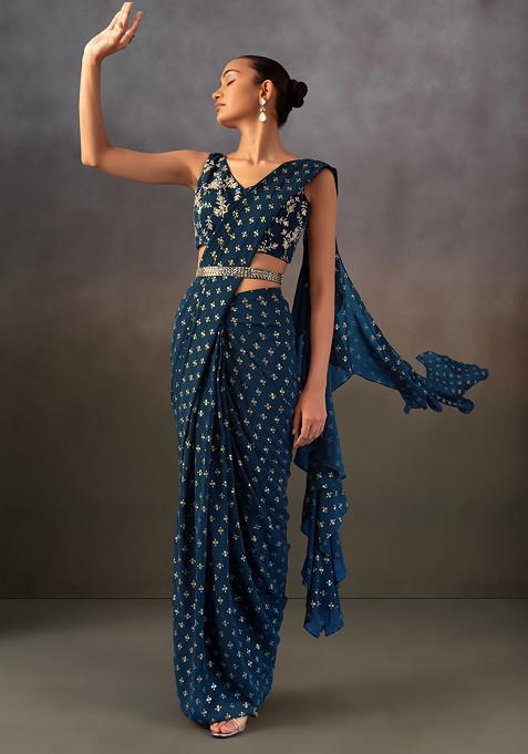 Teal Foil Print Pre-Stitched Saree Set With Sequin Embroidered Blouse And Belt