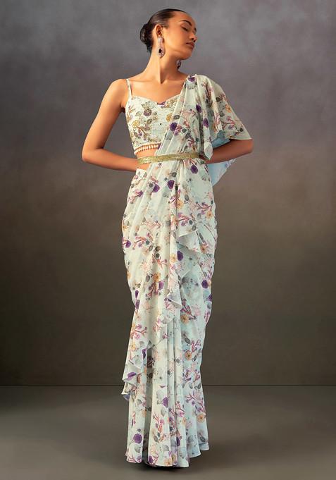 Seafoam Floral Print Pre-Stitched Saree Set With Embroidered Blouse And Belt