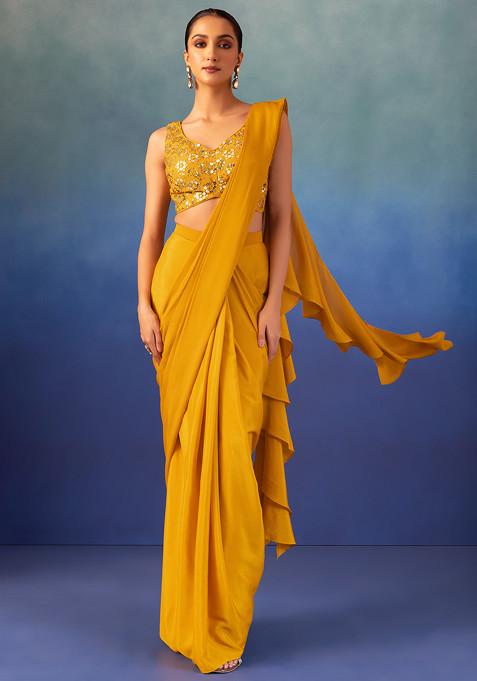 Mustard Yellow Pre-Stitched Saree Set With Sequin Embroidered Blouse