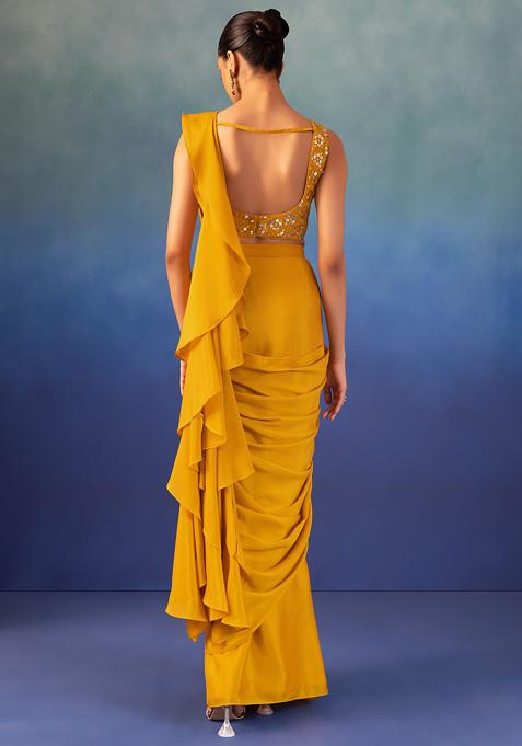 Yellow printed and embroidered  pre stitched  saree set