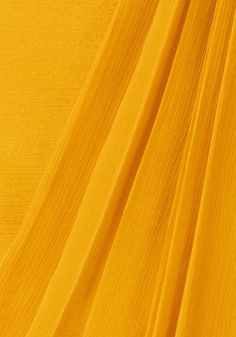 Mustard Yellow Pre-Draped Saree with Embroidered Blouse – Viscose Fabric | Ready-to-Wear Saree USA