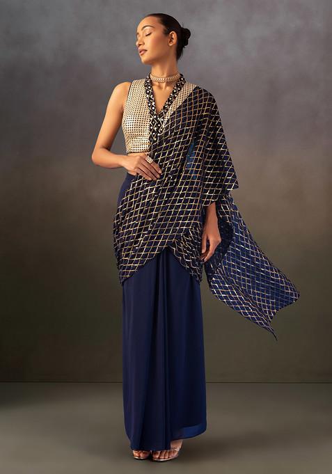 Navy Sequin Grid Embroidered Pre-Stitched Saree Set With Embroidered Blouse