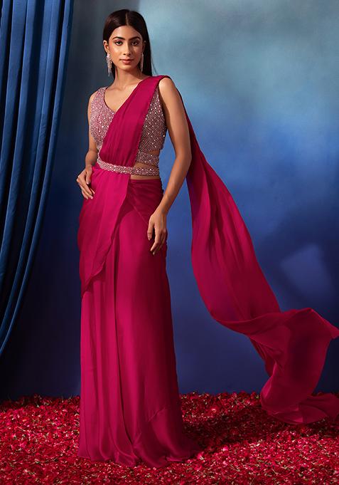 Hot Pink Satin Pre-Stitched Saree Set With Mirror Embroidered Blouse And Belt