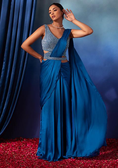 Blue Satin Pre-Stitched Saree Set With Mirror Embroidered Blouse And Belt