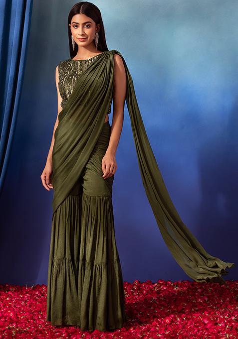 Fern Green Pre-Stitched Saree Set With Hand Embroidered Blouse And Belt