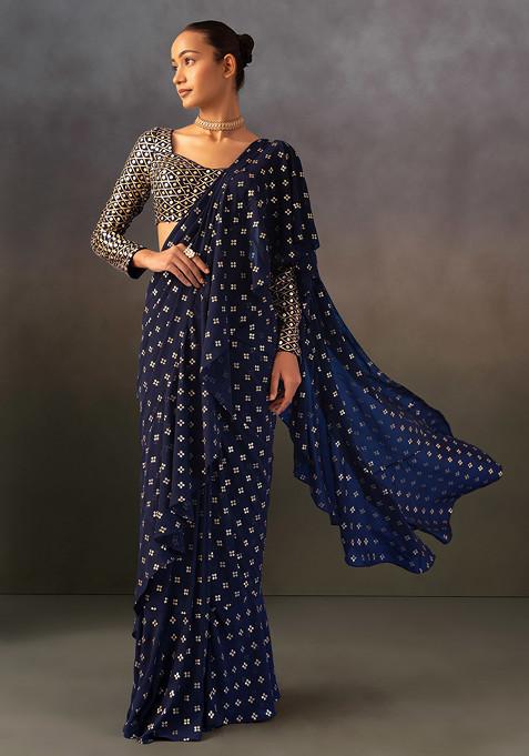 Navy Blue Foil Print Pre-Stitched Saree Set With Sequin Embroidered Blouse
